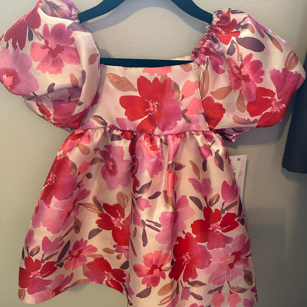 Bonnie Jean puffed sleeve floral satin fit and flare dress in Fuschia